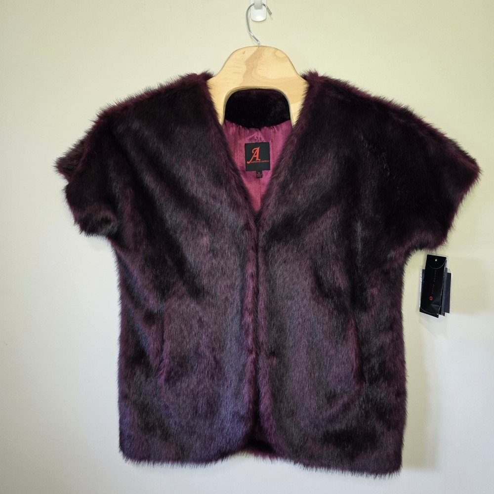 Adrienne Landau Faux Fur Vest Womens XL Purple Glam Short Sleeve Pockets